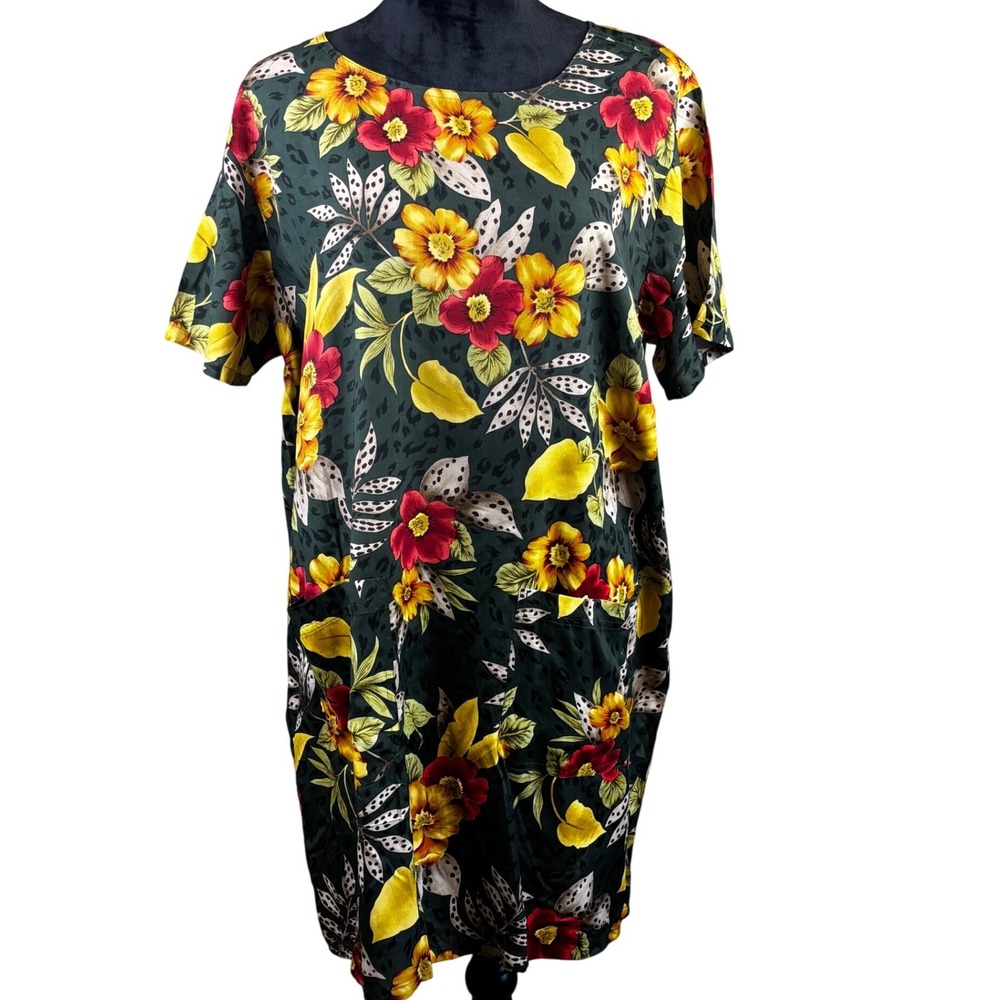 Erika Womens XL Shift Dress Hunter Jungle Tropical Floral Leopard Rayon NWT